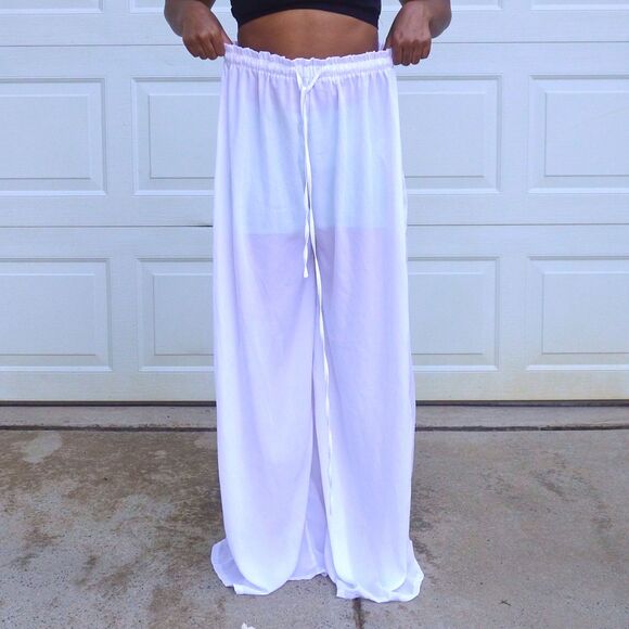 PLT White Sheer Wide Leg Drawstring Pants Size 12 Resort Beach Vacation - Picture 1 of 15